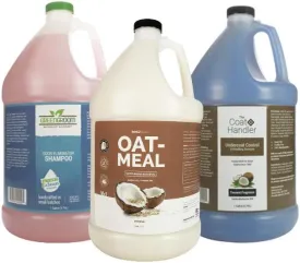 Bark2Basics Oatmeal Dog Shampoo, The Coat Handler Undercoat Control Deshedding Dog Shampoo, and Green Groom Odor Eliminator Dog Shampoo