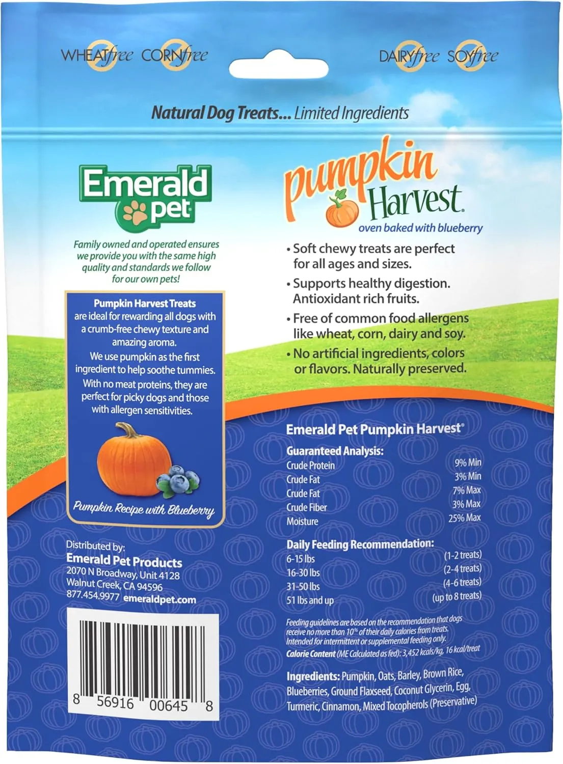Emerald Pet Harvest  Low-Fat Chewy Natural with for Digestive Health  Meat Free, Poultry Free, Wheat Free  Blueberry, 6 oz