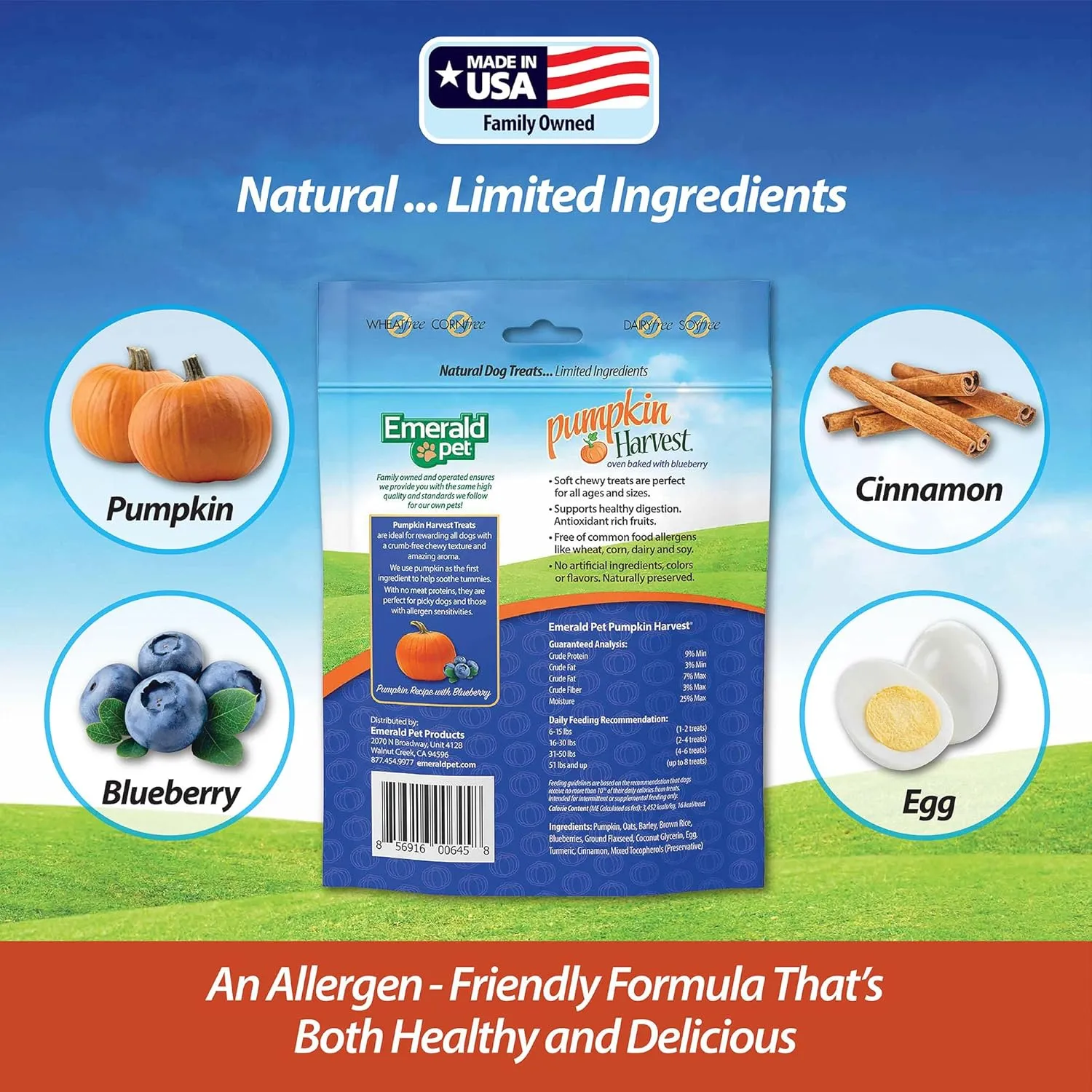 Emerald Pet Harvest  Low-Fat Chewy Natural with for Digestive Health  Meat Free, Poultry Free, Wheat Free  Blueberry, 6 oz