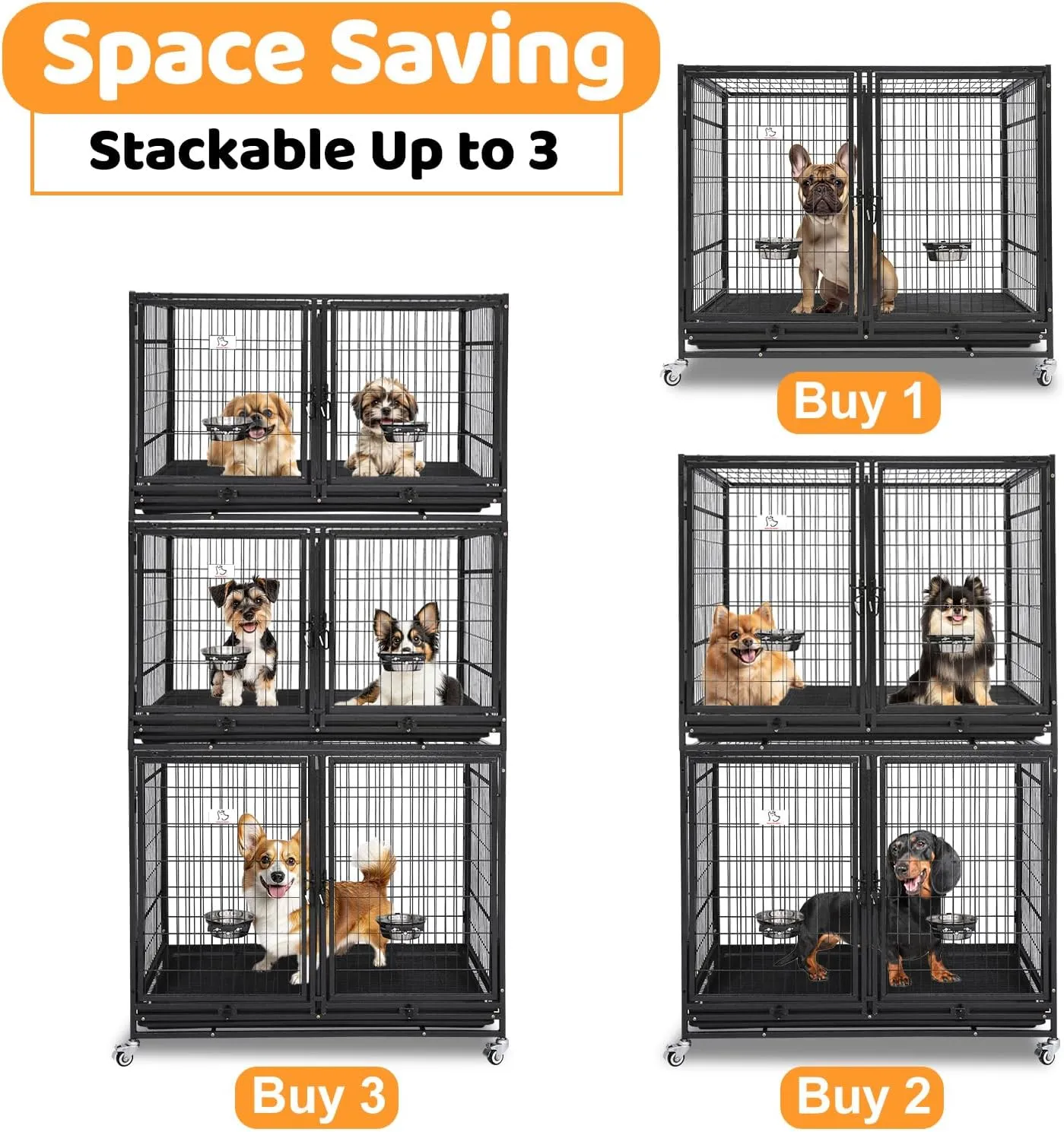 Homey Pet Stackable 43 inch Dog Crate Cage Kennel Indoor with Divider, 2X Steel Bowls, 4X Lockable Wheels, Tray, Heavy Duty Wire Dog Crates for Large/Medium/Small Dogs (Tall Model)