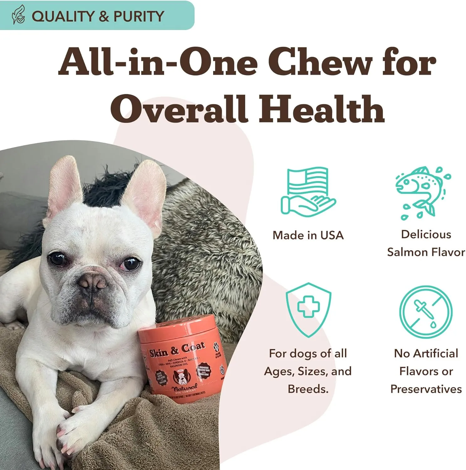 Natural Dog Company Skin & Coat Chews, Omega 3 Salmon Oil, Daily Vitamins and Supplements for Itchy Skin Relief, Allergies, with Biotin, Vitamin E, Antioxidant (90 Count)