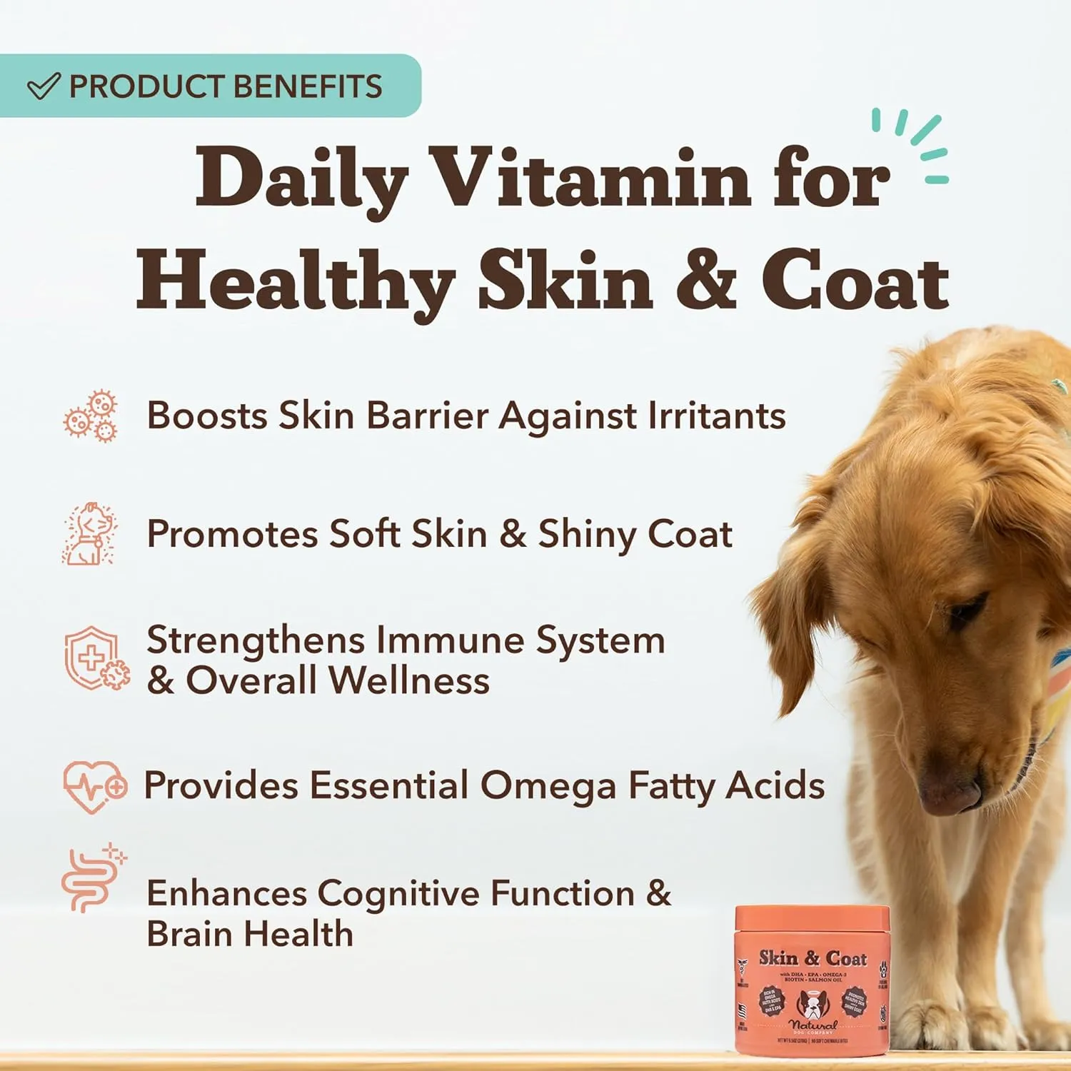 Natural Dog Company Skin & Coat Chews, Omega 3 Salmon Oil, Daily Vitamins and Supplements for Itchy Skin Relief, Allergies, with Biotin, Vitamin E, Antioxidant (90 Count)