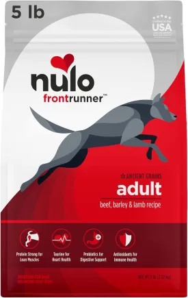 Nulo Frontrunner Ancient Grains High-Protein Dog Food, Beef, Barley, & Lamb Recipe- Natural Dry Dog Food with Probiotics, Grain-Inclusive Kibble for Adult Dogs, 5 lb Bag
