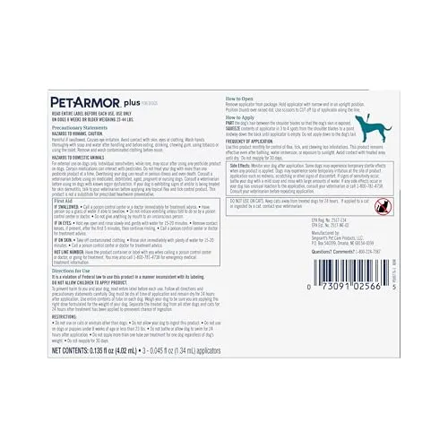 PetArmor Plus Flea and Tick Prevention for Dogs, Dog Flea and Tick Treatment, 3 Doses, Waterproof Topical, Fast Acting, Small Dogs (5-22 lbs)