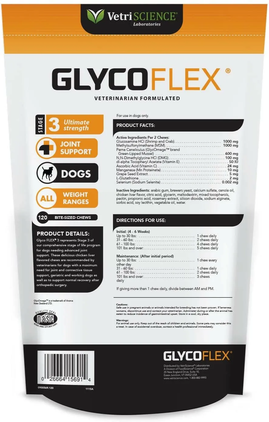 VetriScience GlycoFlex Stage 3 Joint Supplement for Dogs (120 soft chews)
