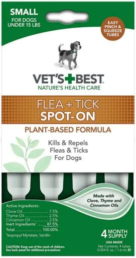 Vet's Best Plant Based Flea and Tick Spot-On Treatment Drops for Dogs - 1.6 ml - Small - 4 Count