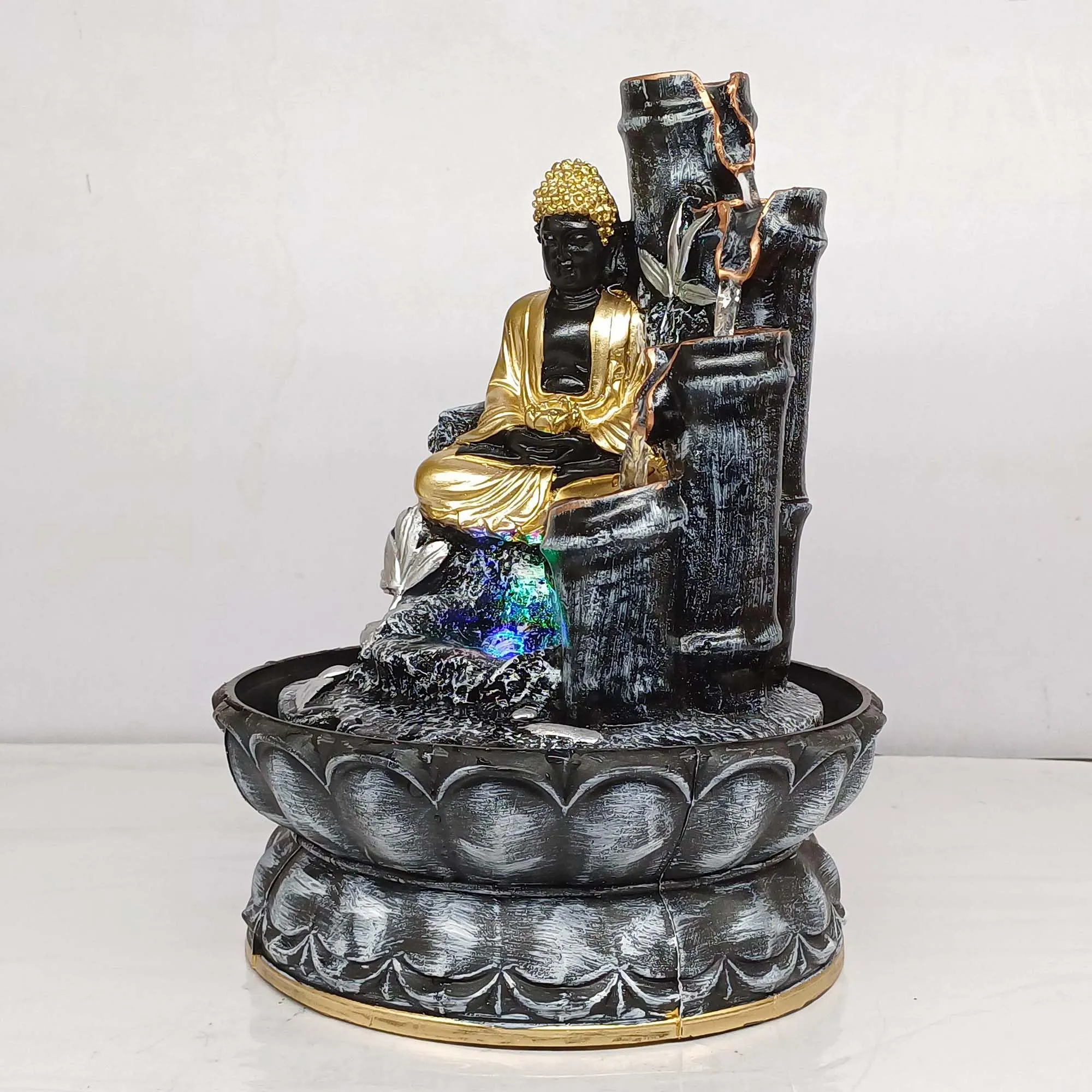 VIVARS Polyresin Table Top Indoor Outdoor Water Fountain with LED Lights for Home Decor Decoration Showpiece Gift Gifting Items Buddha Fountain-Multi (Black)