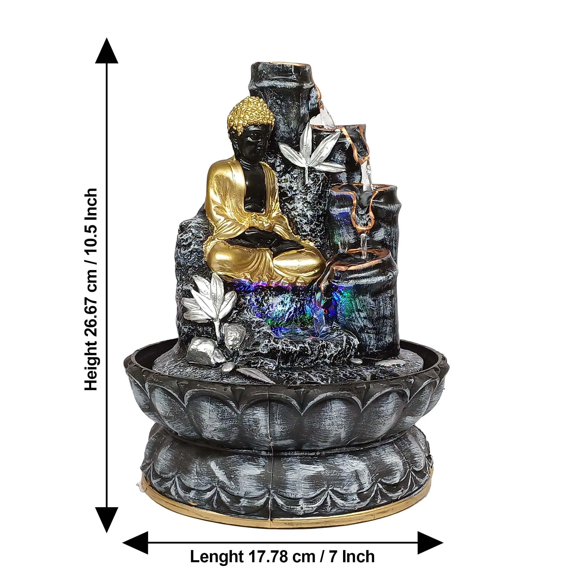 VIVARS Polyresin Table Top Indoor Outdoor Water Fountain with LED Lights for Home Decor Decoration Showpiece Gift Gifting Items Buddha Fountain-Multi (Black)