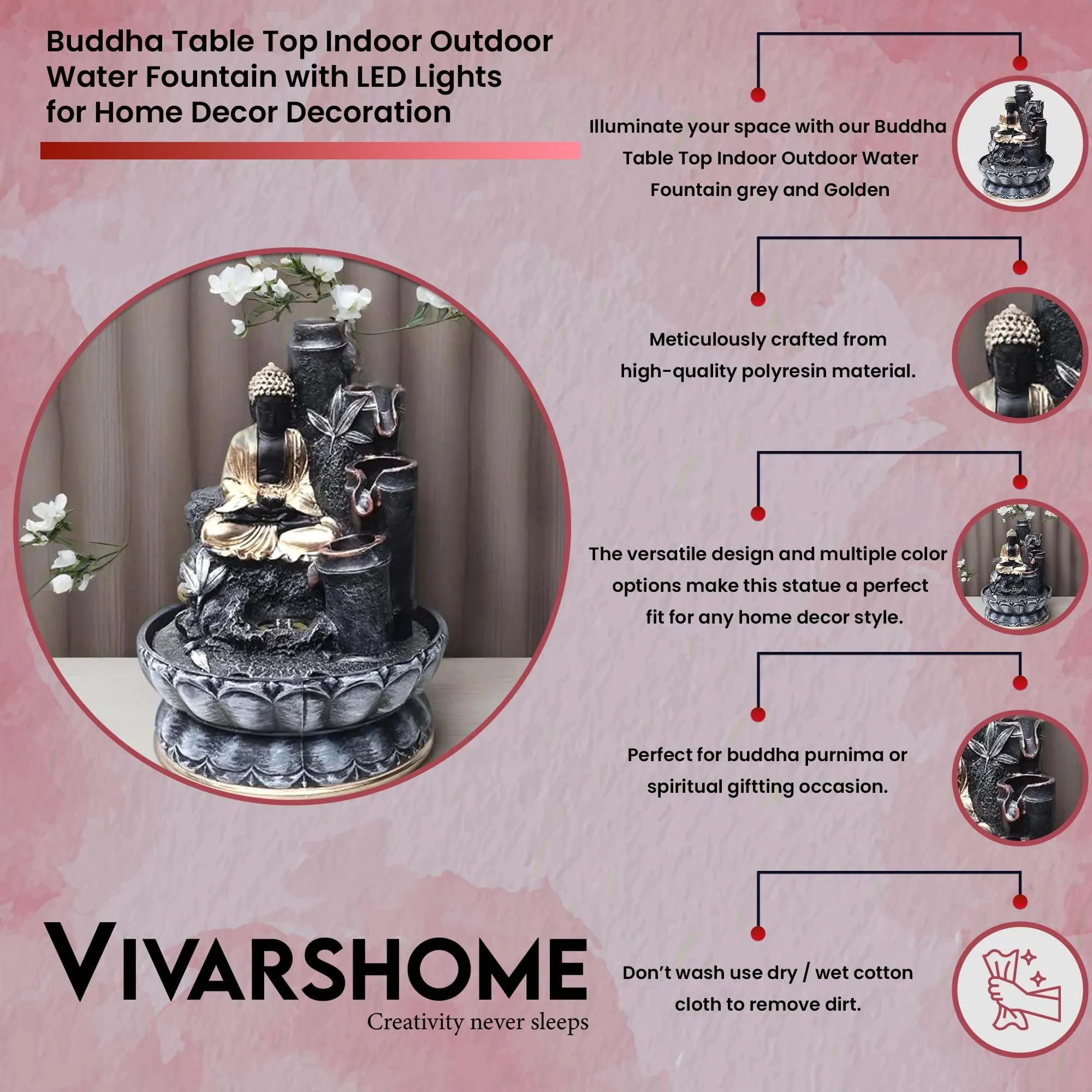 VIVARS Polyresin Table Top Indoor Outdoor Water Fountain with LED Lights for Home Decor Decoration Showpiece Gift Gifting Items Buddha Fountain-Multi (Black)