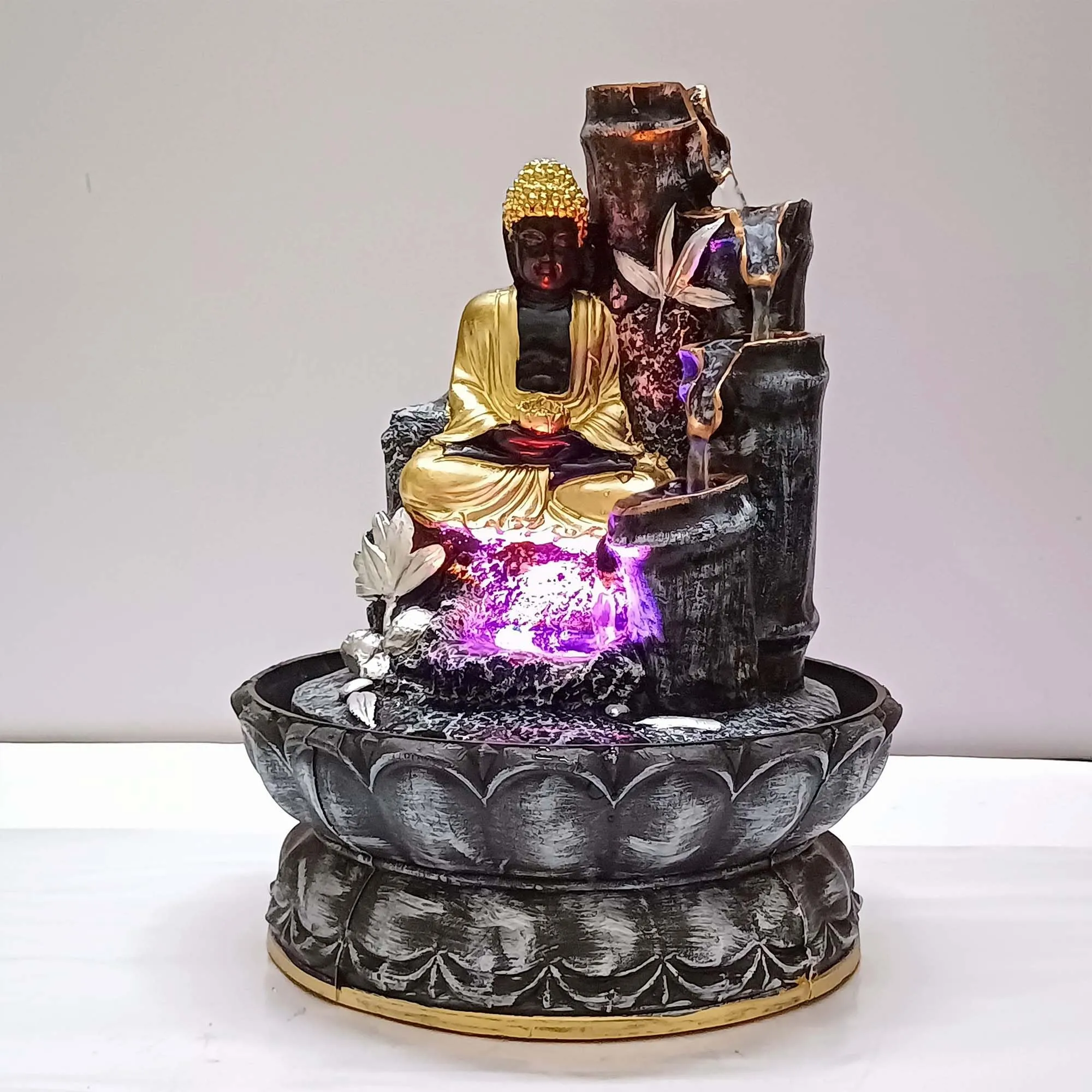 VIVARS Polyresin Table Top Indoor Outdoor Water Fountain with LED Lights for Home Decor Decoration Showpiece Gift Gifting Items Buddha Fountain-Multi (Black)